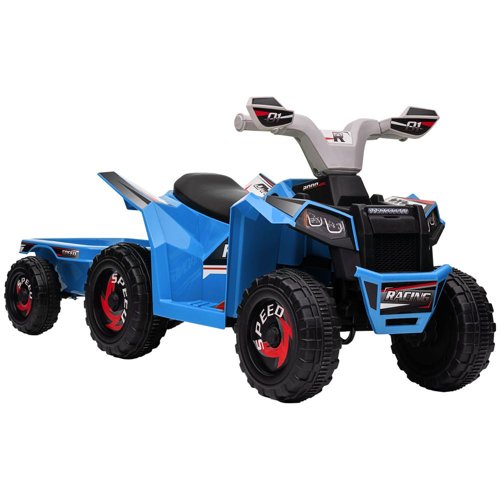 Blue electric quad bike with black seat, rugged tires, and handlebar controls