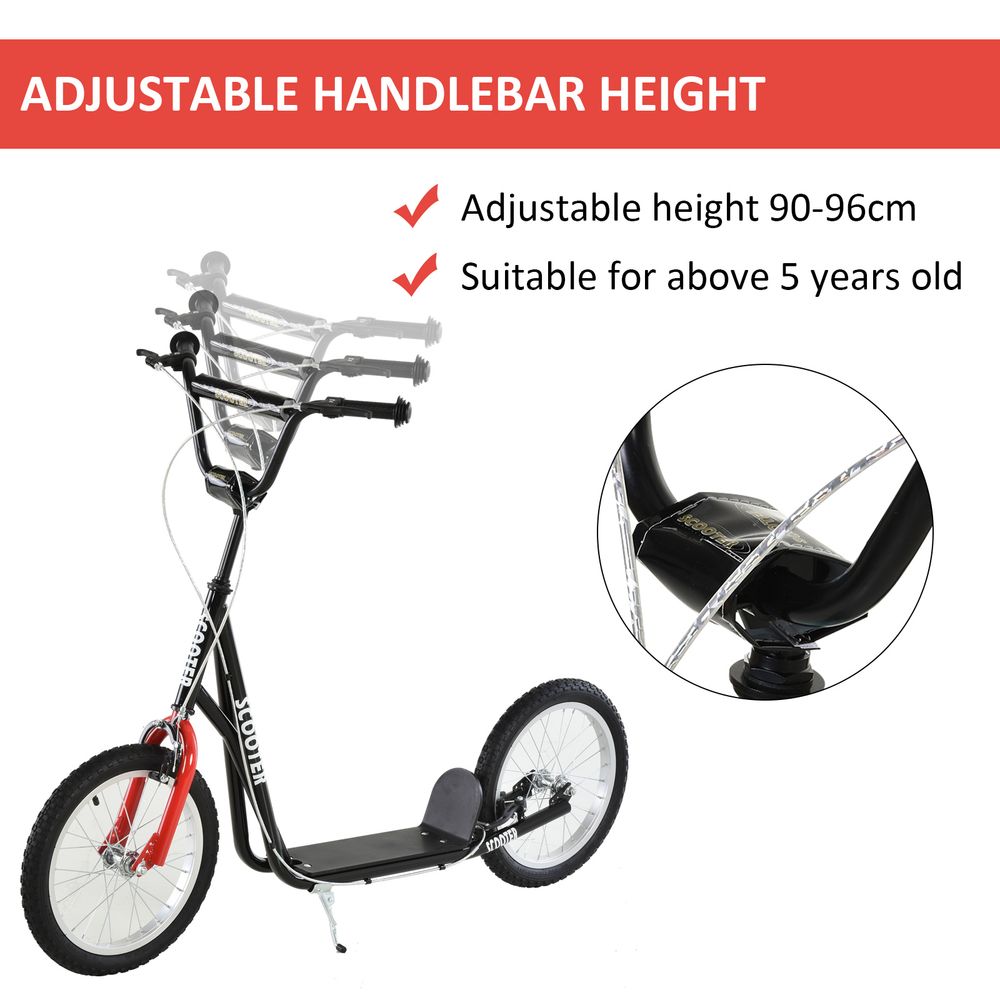 Kids kick scooter with adjustable handlebar, black frame, red front wheel, platform deck