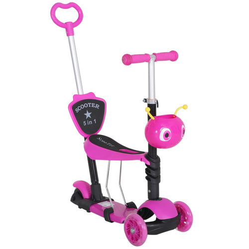 Pink kids kick scooter with removable seat and height-adjustable push handle