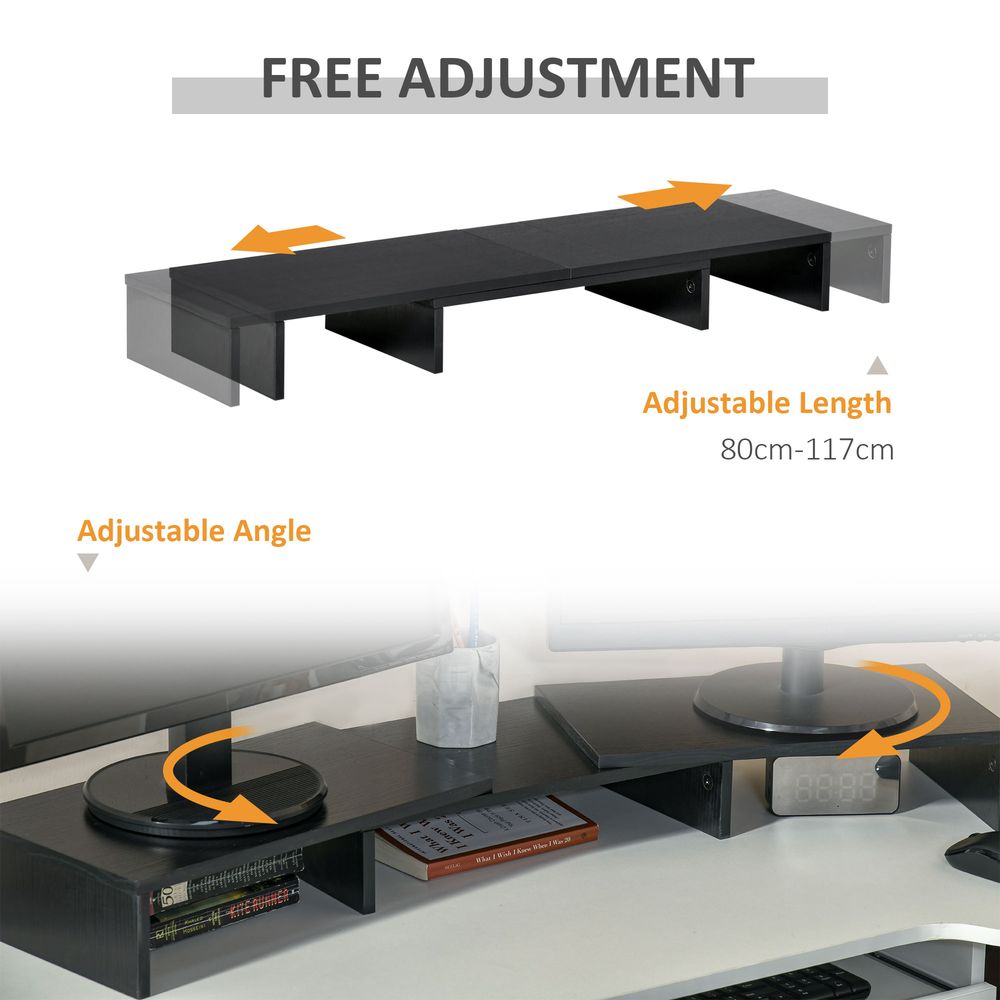 Black adjustable monitor stand riser with extended length and angled top, close-up