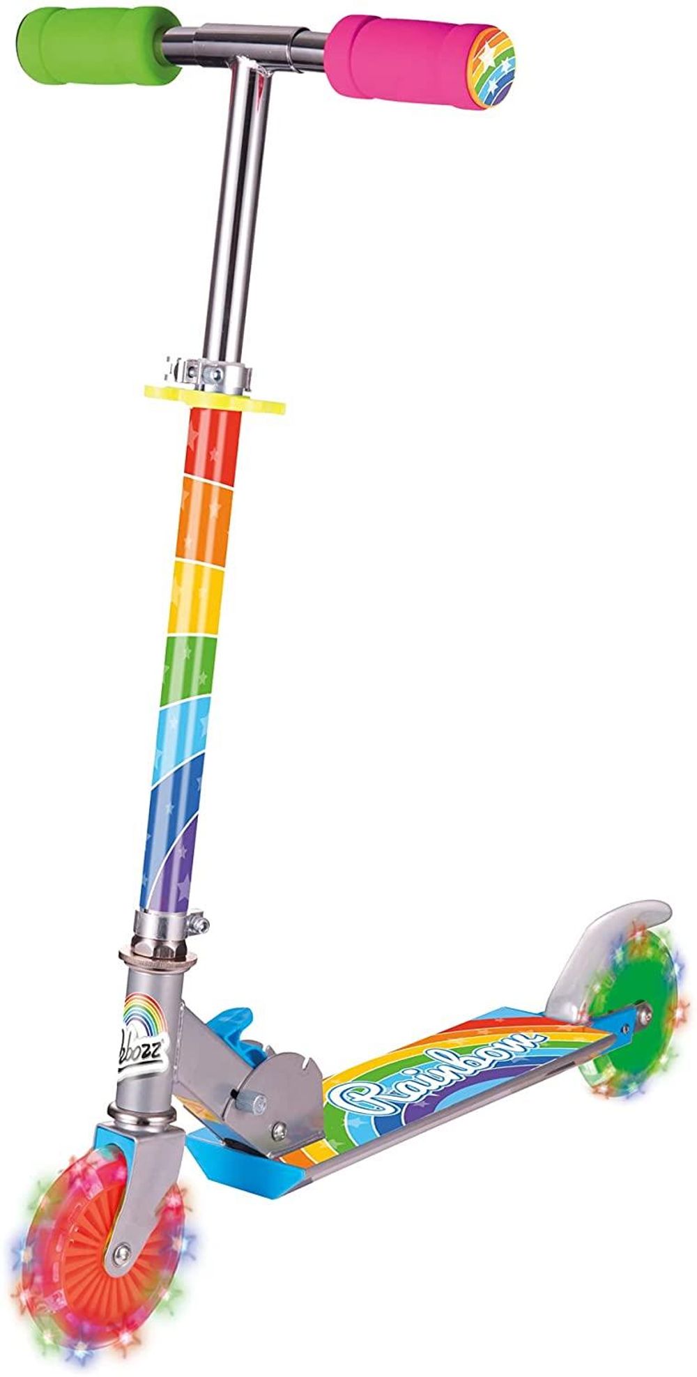 Rainbow scooter with flashing front wheel, colorful deck and green-pink handle grips