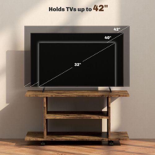 Rustic brown TV stand supports TVs up to 42 inches with open storage shelves