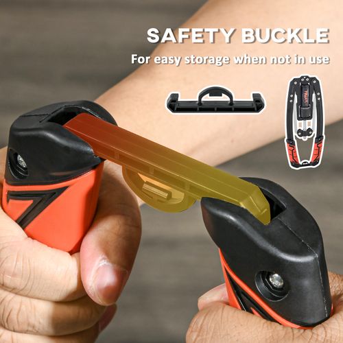 Folding safety buckle detail on kids 3-wheel scooter for storage, shown with orange wheel