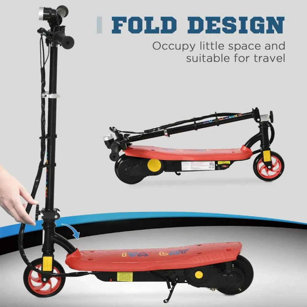 Folding electric scooter with red deck, black frame, and front fender