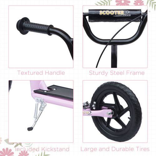 Kids kick scooter features: textured handle, sturdy frame, large durable tires.