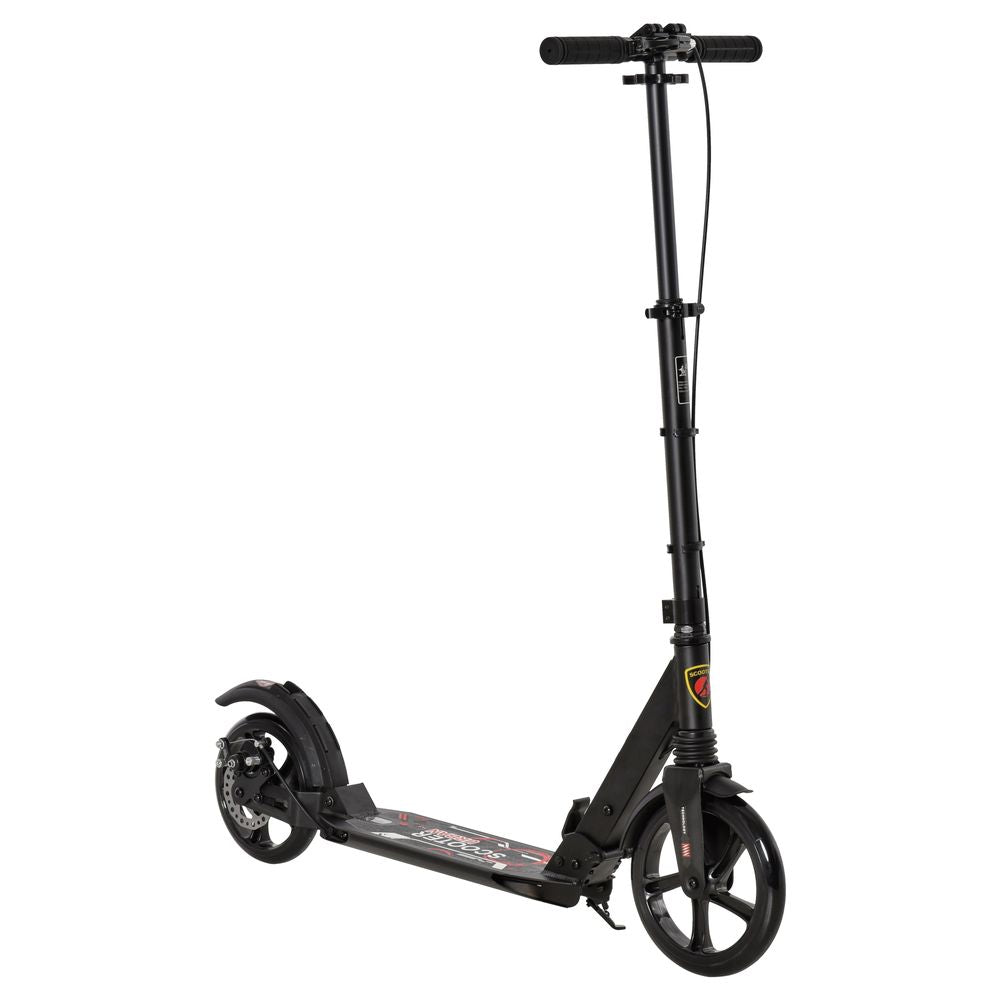 Black folding kick scooter with large rear wheel and front wheel
