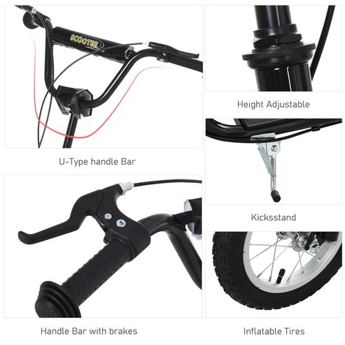 Black kids stunt scooter features: U-handlebar brake, adjustable height, kickstand, inflatable tires
