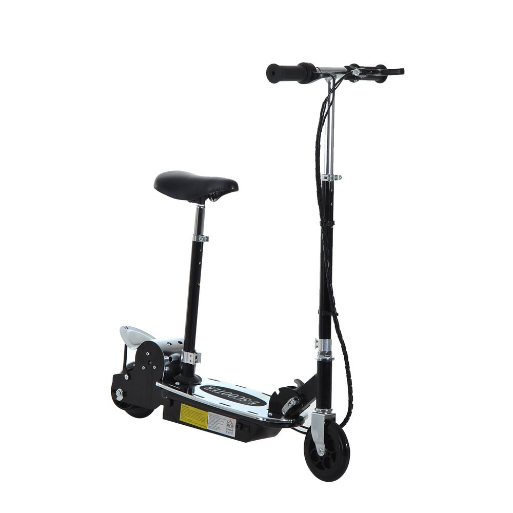 Black foldable electric scooter with front wheel, black seat, and rear kickstand