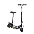 Black foldable electric scooter with front wheel, black seat, and rear kickstand