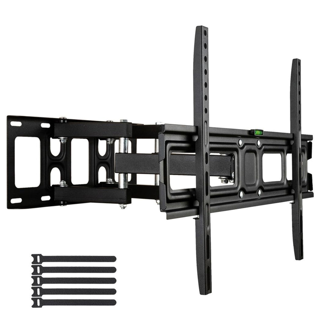 Black double-arm TV wall mount bracket with level indicator and vertical support plates