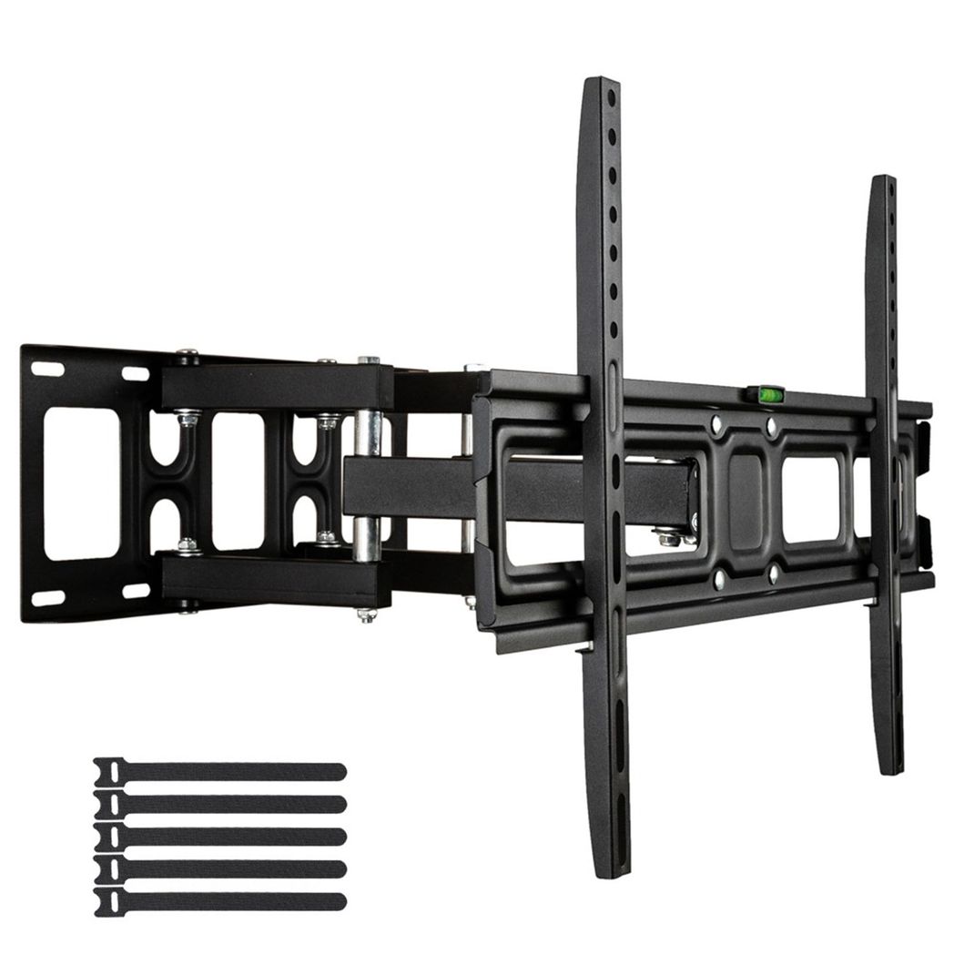 Black double-arm TV wall mount bracket with level indicator and vertical support plates