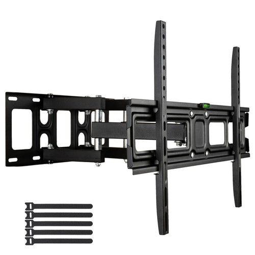 Black double-arm TV wall mount bracket with level indicator and vertical support plates