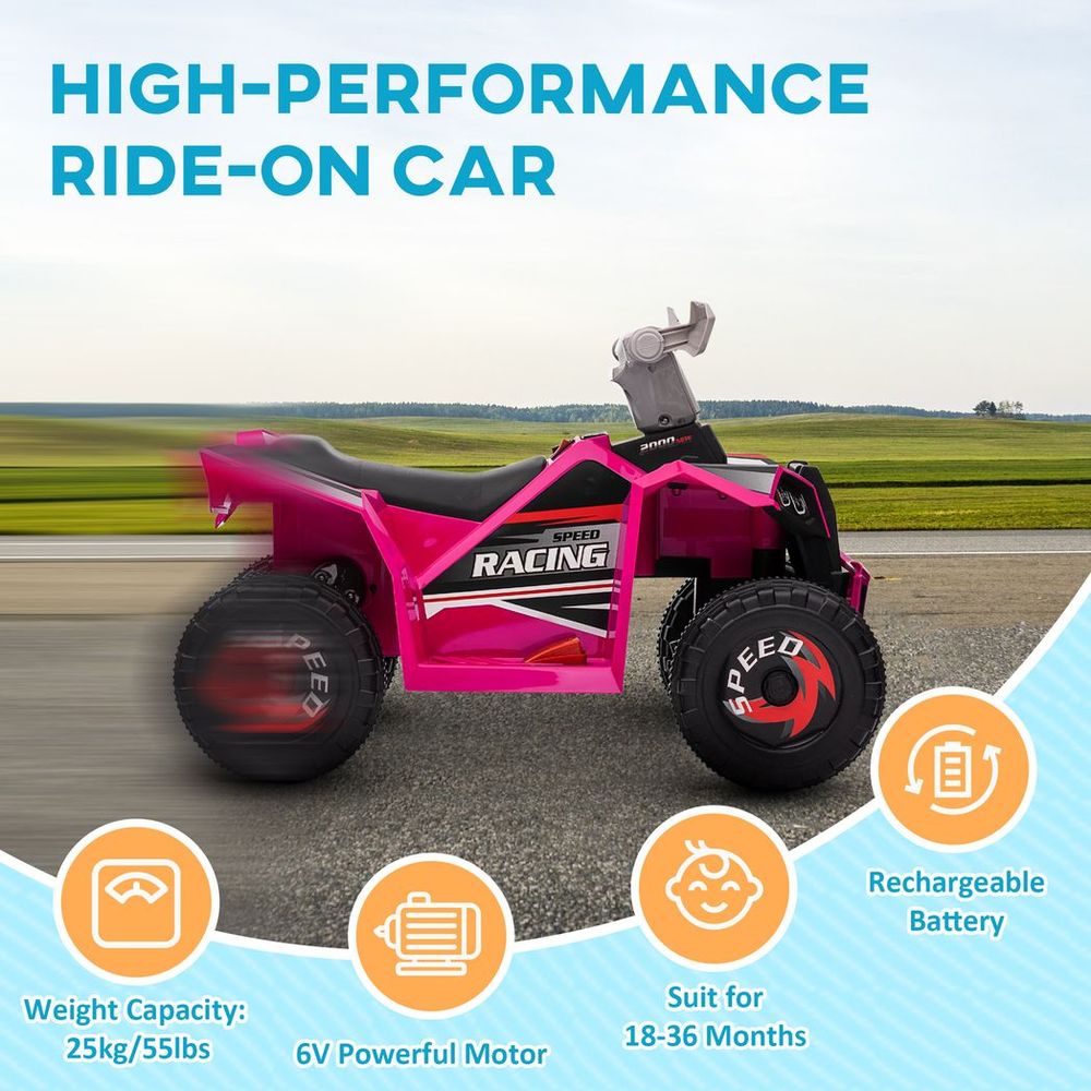Pink kids electric ride-on ATV with black seat, large wheels, and front headlight