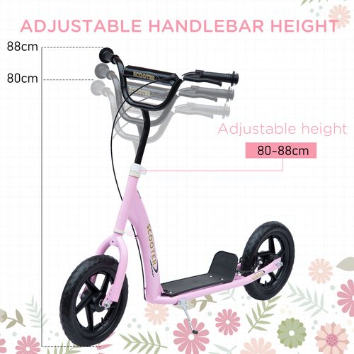 Kids kick scooter with adjustable handlebar height, pink frame and black wheels.