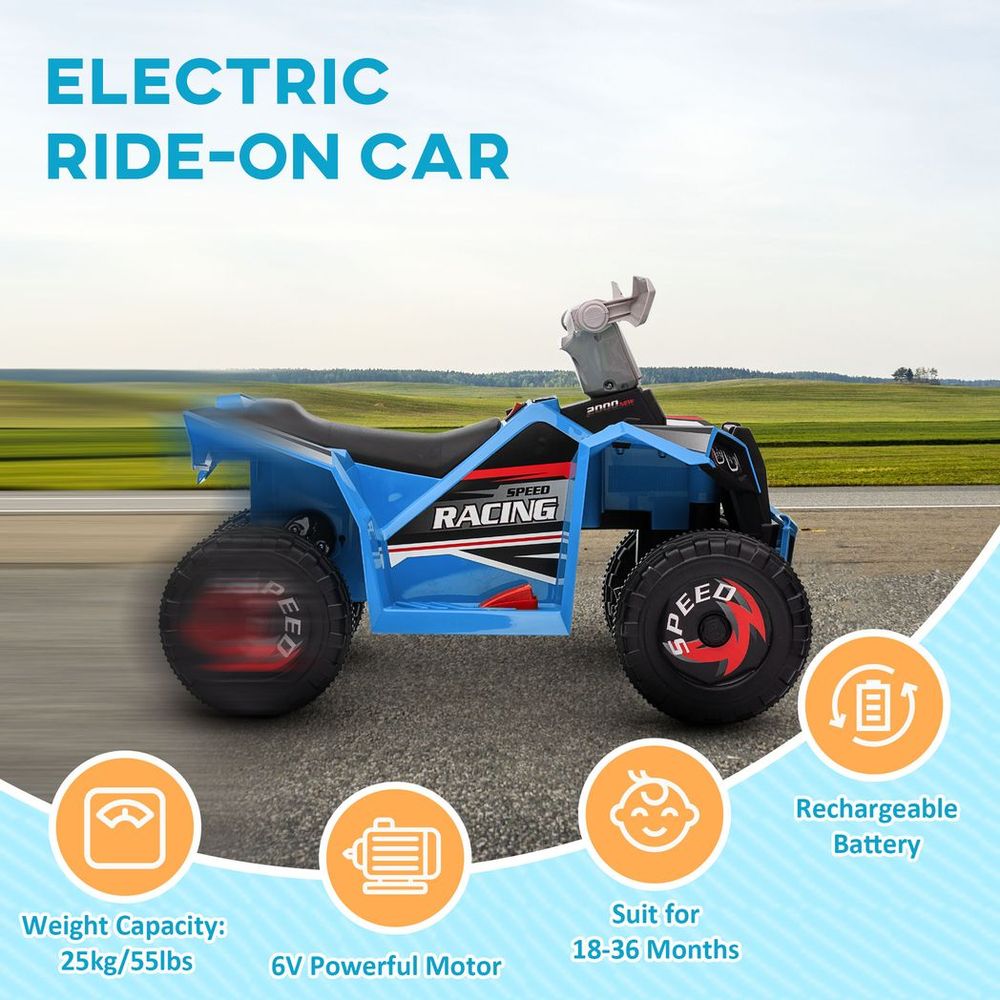 Blue electric ride-on quad bike with black seat and front lights on outdoor path
