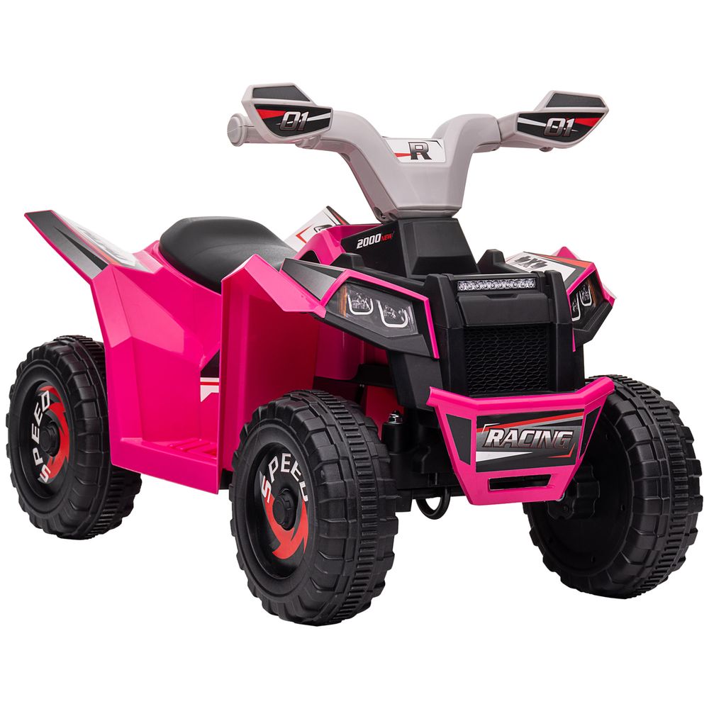 Pink kids electric quad bike with black seat and four chunky tires