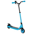 Blue electric scooter with black handlebars, front wheel, and grippy deck