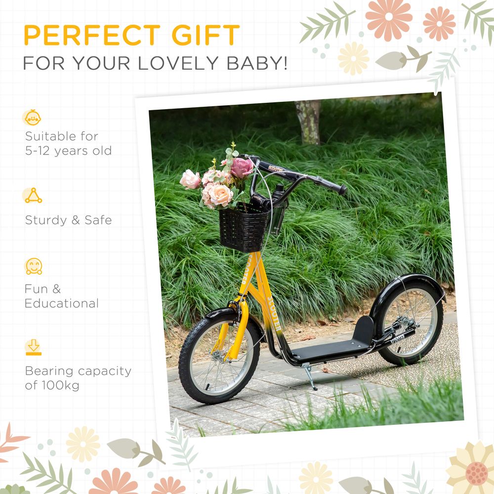 Kids ride-on scooter with orange frame and front black basket