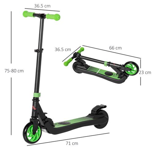 Green and black folding electric scooter with outlined dimensions and rear wheel