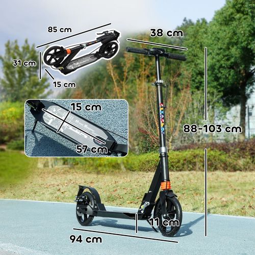 Black foldable kids kick scooter with adjustable stem, front and rear wheel details