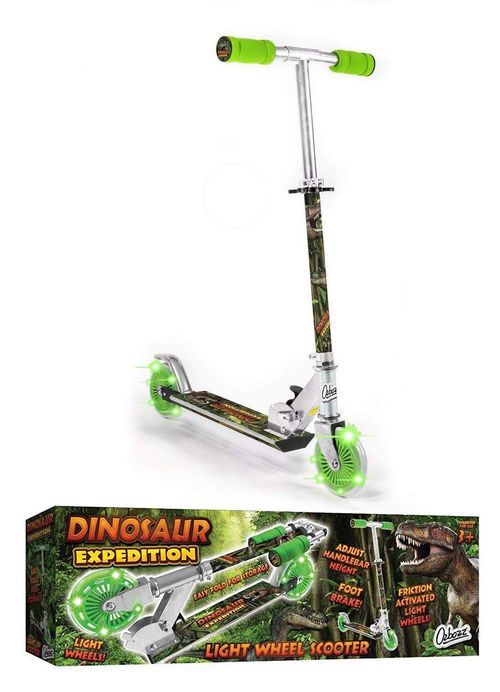 Dinosaur light-up wheel push scooter with retail box showing 'DINOSAUR EXPEDITION'
