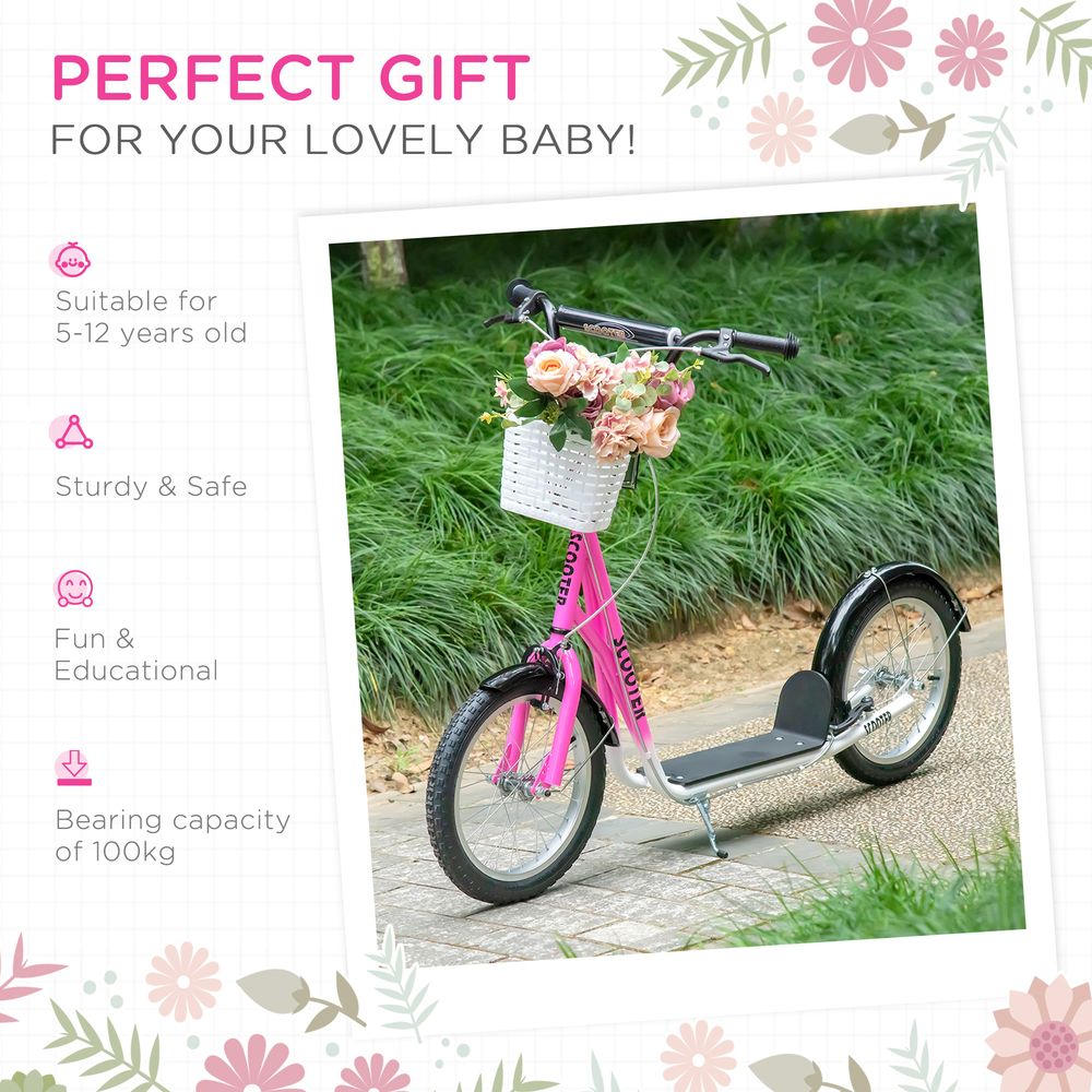 Pink kids ride-on scooter with white plastic basket, metal cup holder, and kickstand