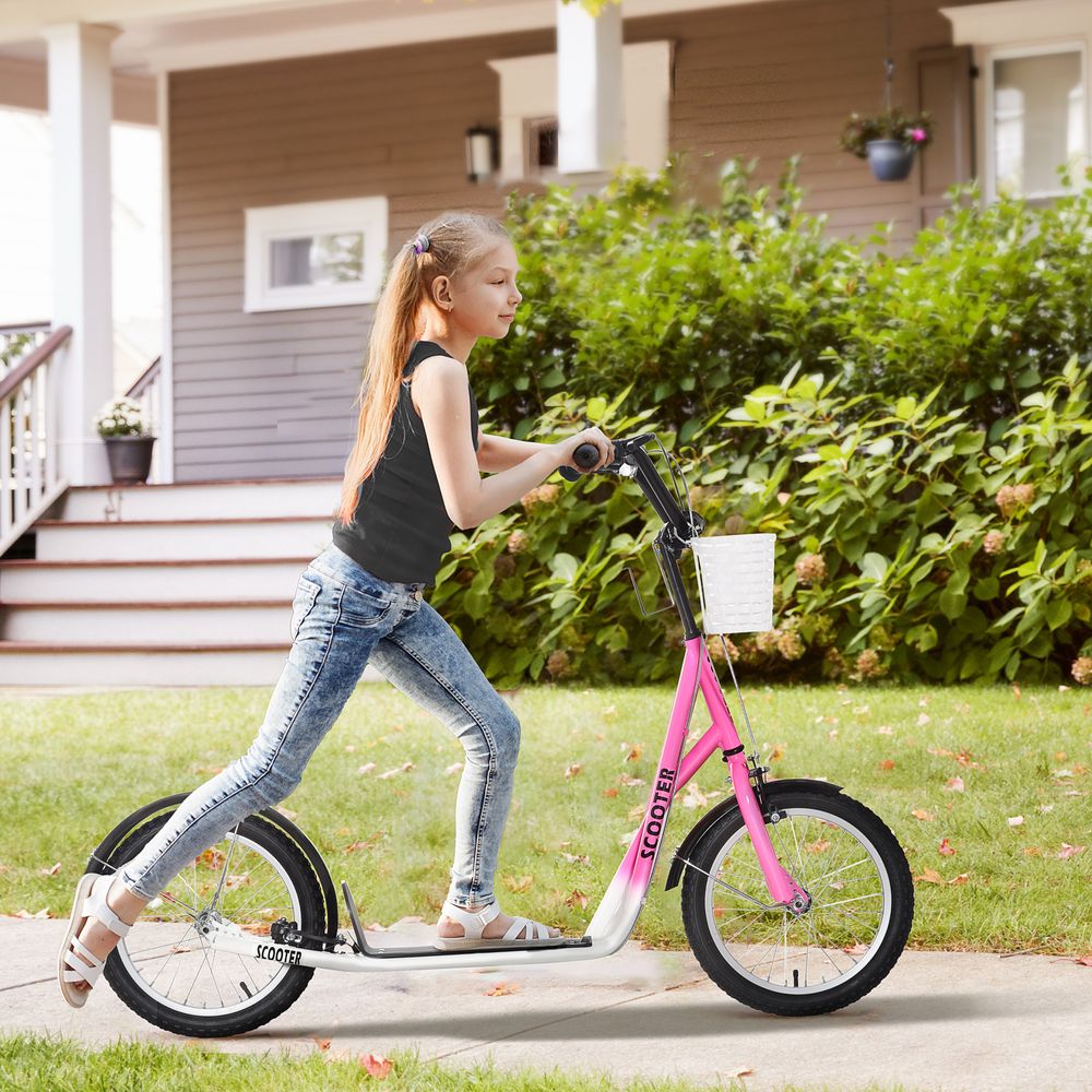 Pink kids ride-on scooter with white basket and black inflatable tires, with rider outdoors