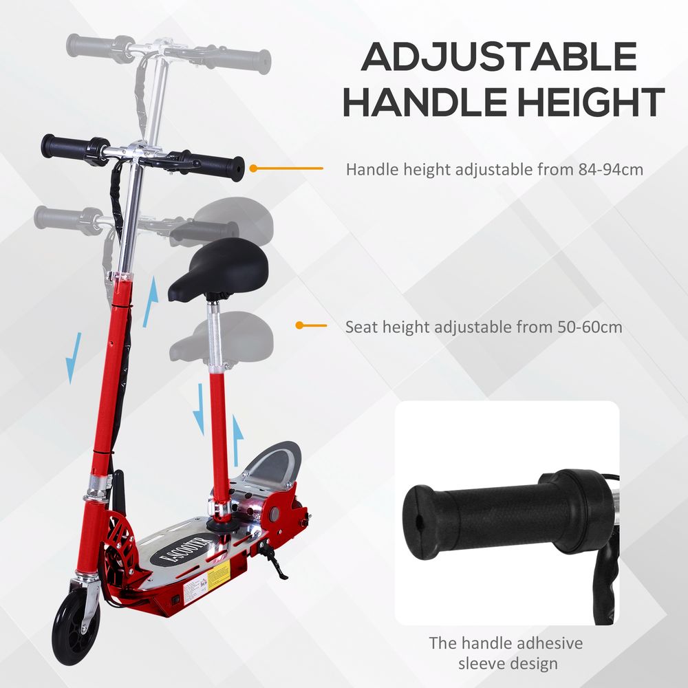 Red powered scooter with adjustable handlebar height and black seat, close-up grips