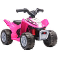 Pink kids electric quad bike with front headlights and knobby tires, black handlebar grips