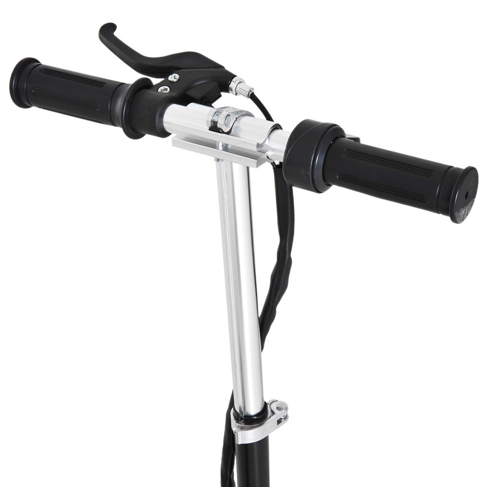 Close-up of black kids electric scooter handlebar and silver stem