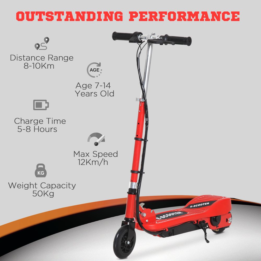 Red folding kids electric scooter standing upright with black handlebar and wheels