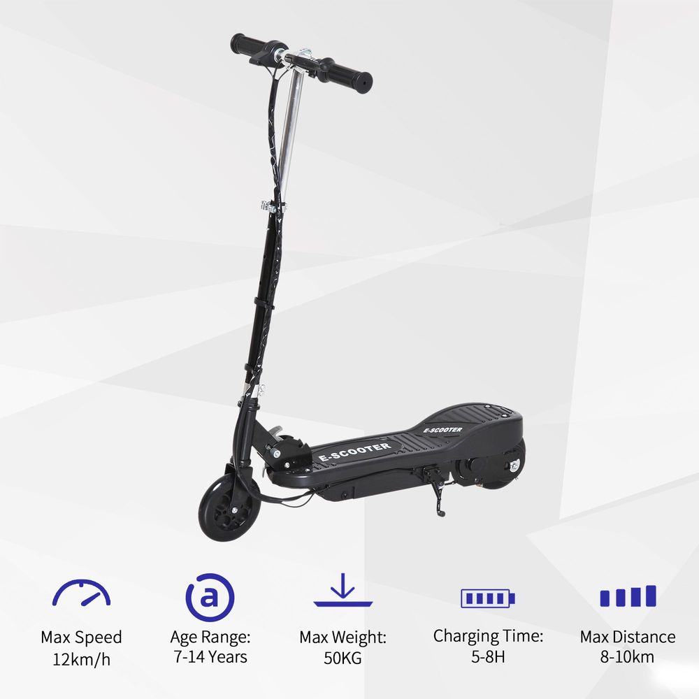 Black kids electric scooter with deck and handlebars, feature icons at bottom