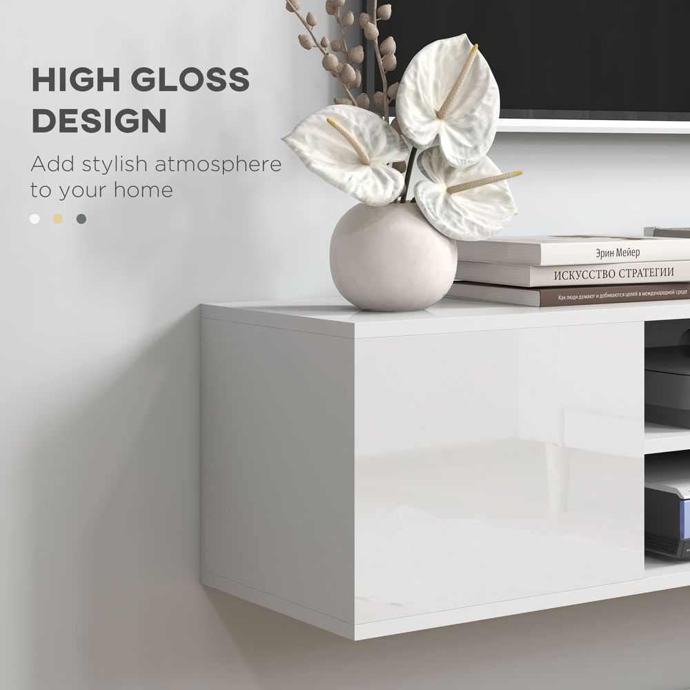 White glossy floating TV console with wide open center bay and drawer storage