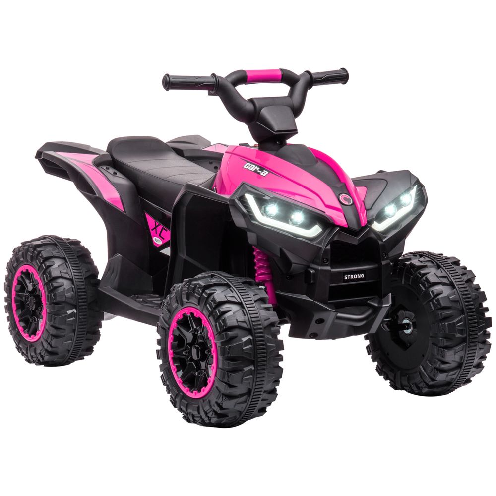 Kids electric quad bike toy in pink and black with LED headlights and chunky wheels