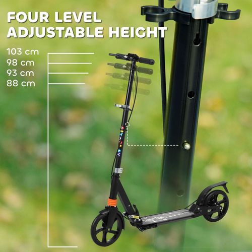 Kids foldable scooter with adjustable handlebar post, black deck, front wheel and orange spacer