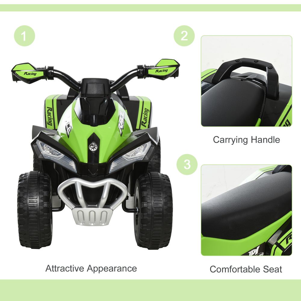Green and black toddler ride-on quad car with front grille guard, carrying handle, and seat