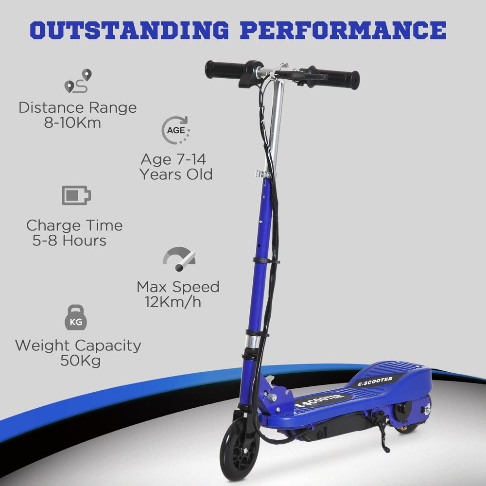 Blue kids electric scooter standing upright with rear deck and front wheel visible