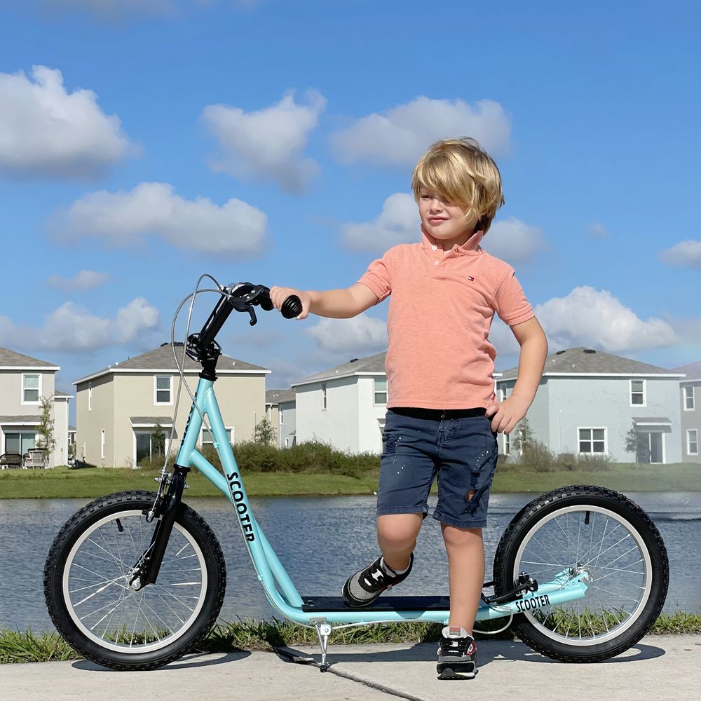 Kids kick scooter with light blue frame, black handlebar grips, and rubber tires