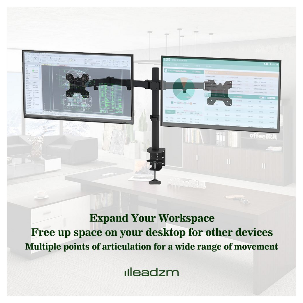 Dual monitor mount in office workspace with two displays on articulating arms