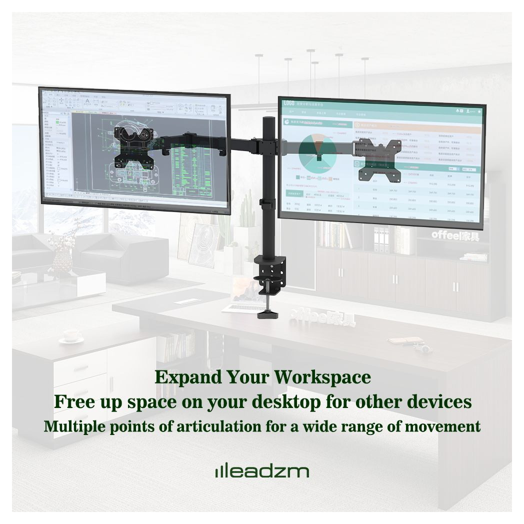 Dual monitor mount in office workspace with two displays on articulating arms