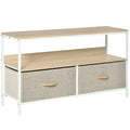 TV stand cabinet with open shelf and two gray foldable linen drawers, light wood top, white frame