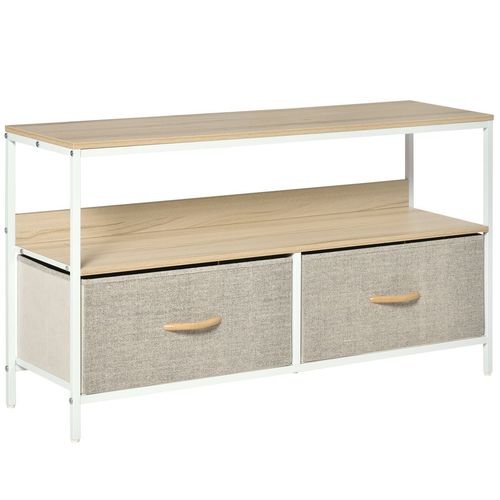 TV stand cabinet with open shelf and two gray foldable linen drawers, light wood top, white frame