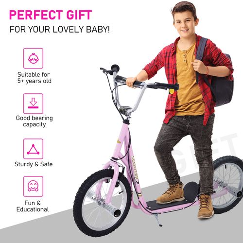 Pink kids stunt scooter with black deck, front suspension, and rugged tires