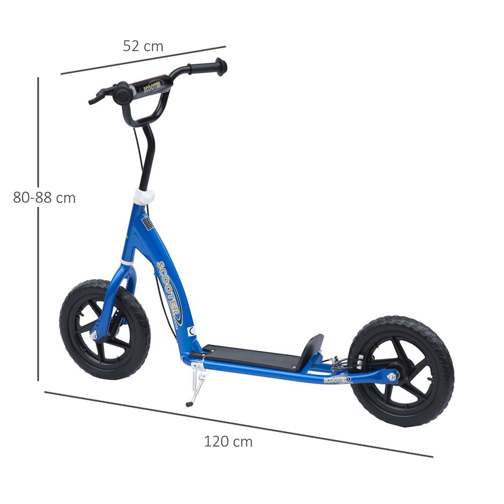 Blue stunt scooter with visible frame, deck, and wheel size dimensions