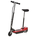 Kids electric ride-on scooter with red deck, black seat, and silver handlebar column