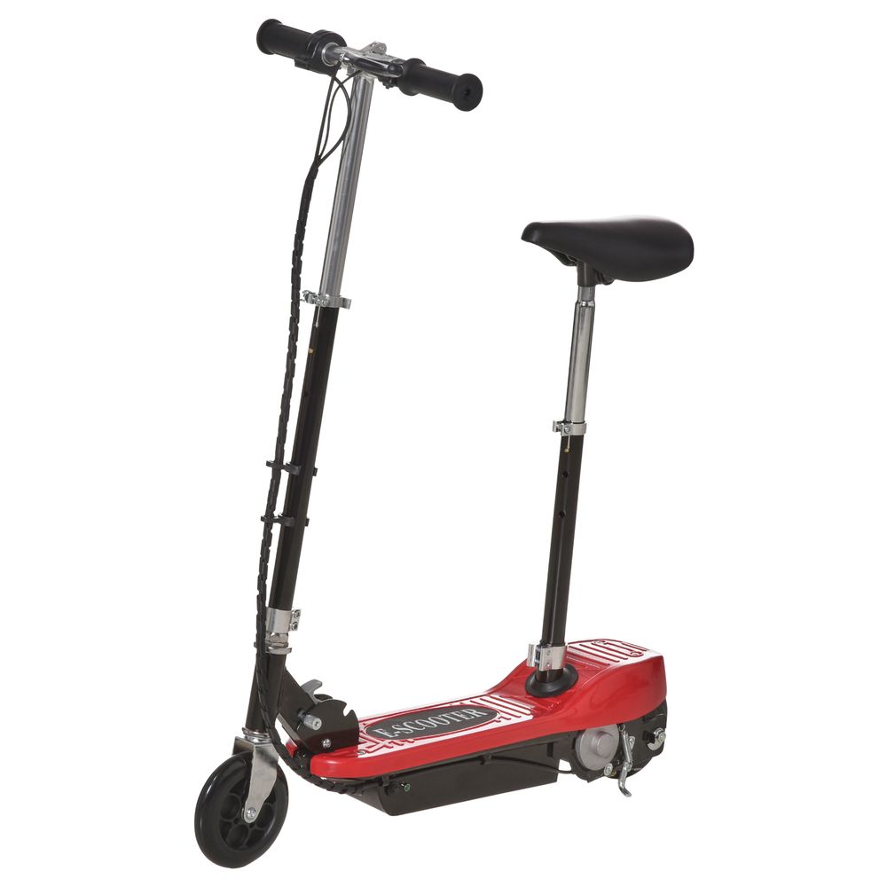 Kids electric ride-on scooter with red deck, black seat, and silver handlebar column