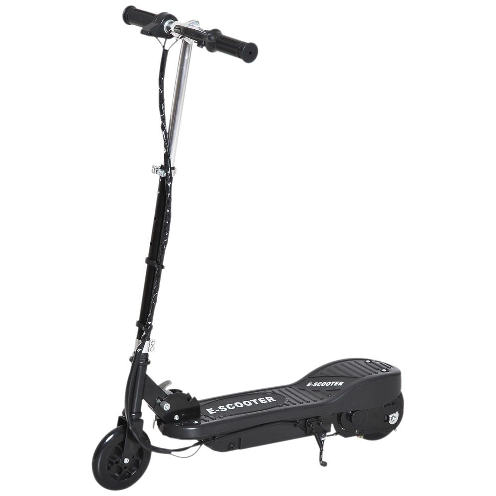 Black folding kids electric scooter upright view with front wheel and deck