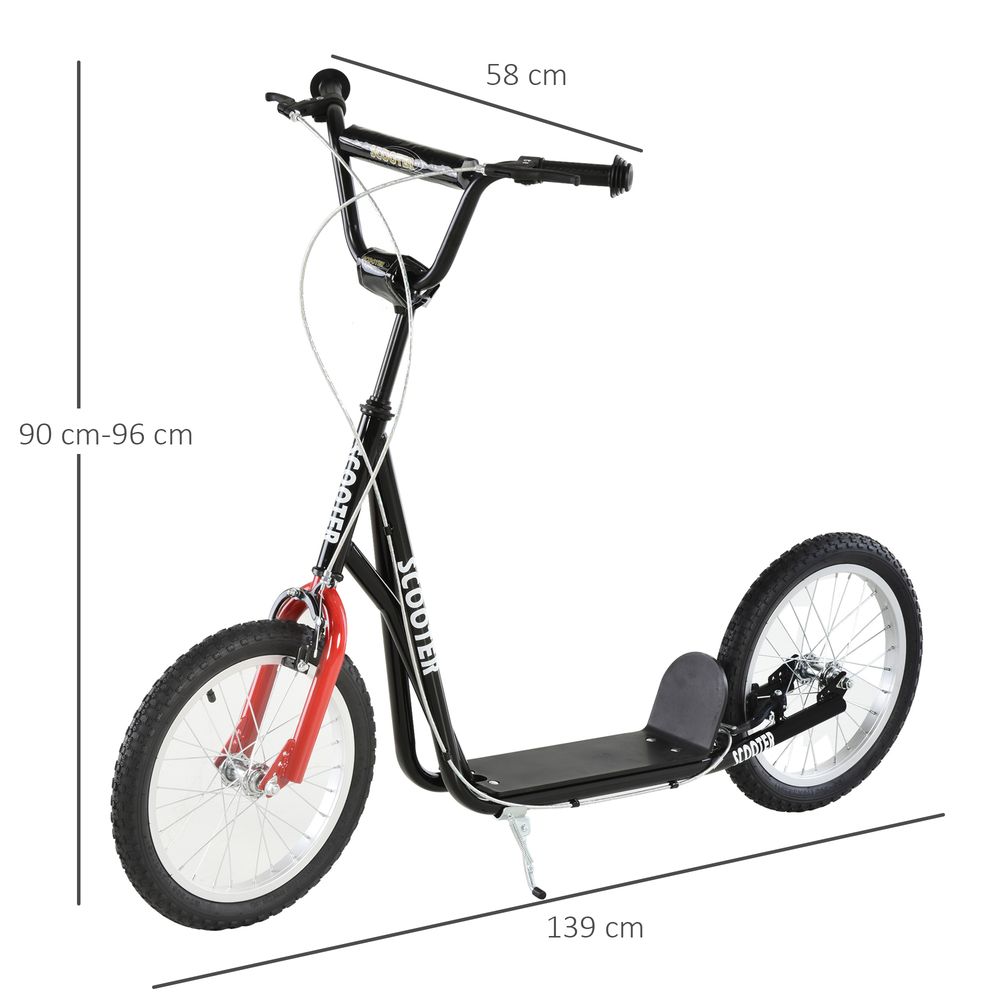 Kids kick scooter with black frame, red front wheel, platform deck, large front and rear wheels
