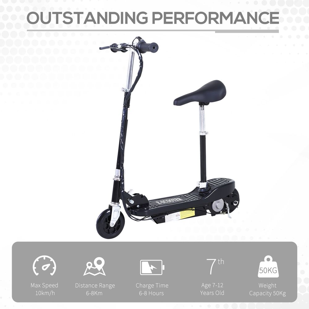 Black electric scooter with front wheels, handlebar, and cushioned seat
