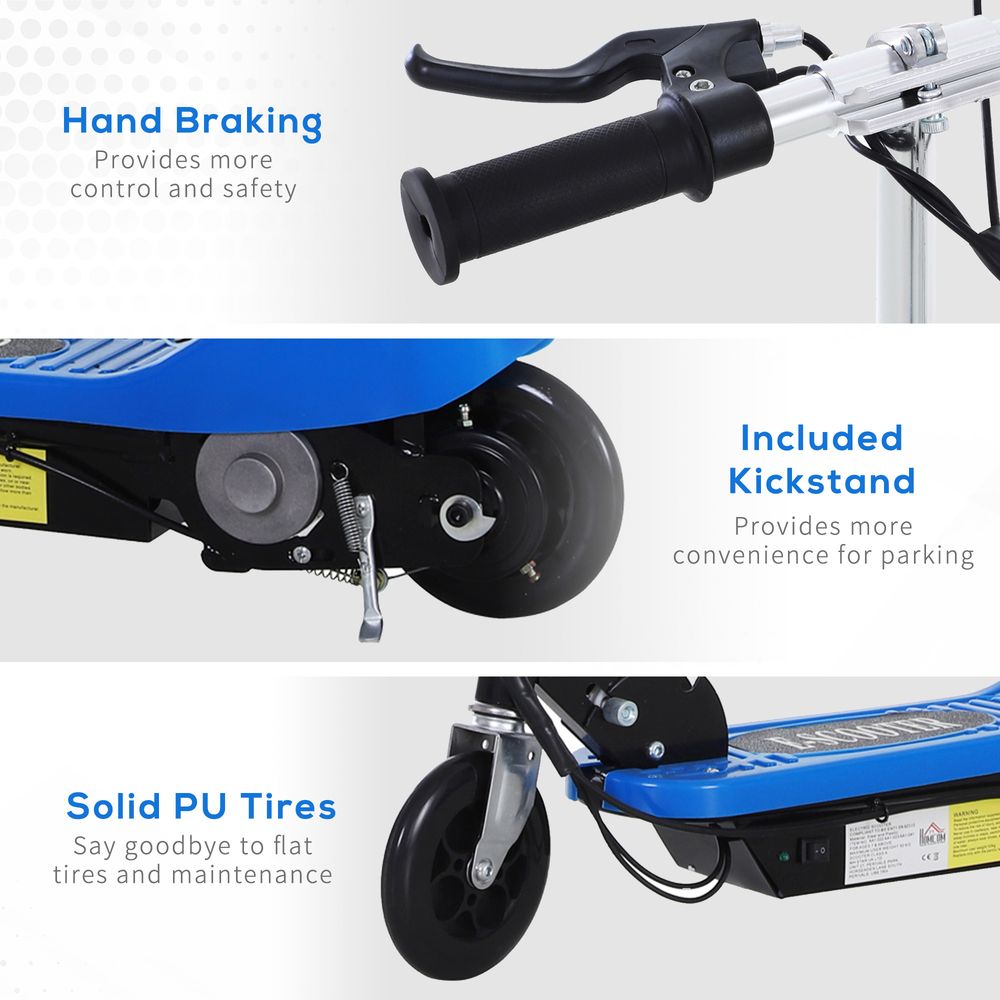 Kids electric ride-on scooter close-up of handbrake lever, blue deck, solid tires